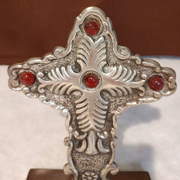 Ornate Silver Cross Floral Swirl Red Jewel Christmas Stocking Hanger - Picture 4 of 6